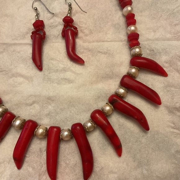 Red Genuine Coral white pearl beads Necklace Earrings set - Picture 4 of 12